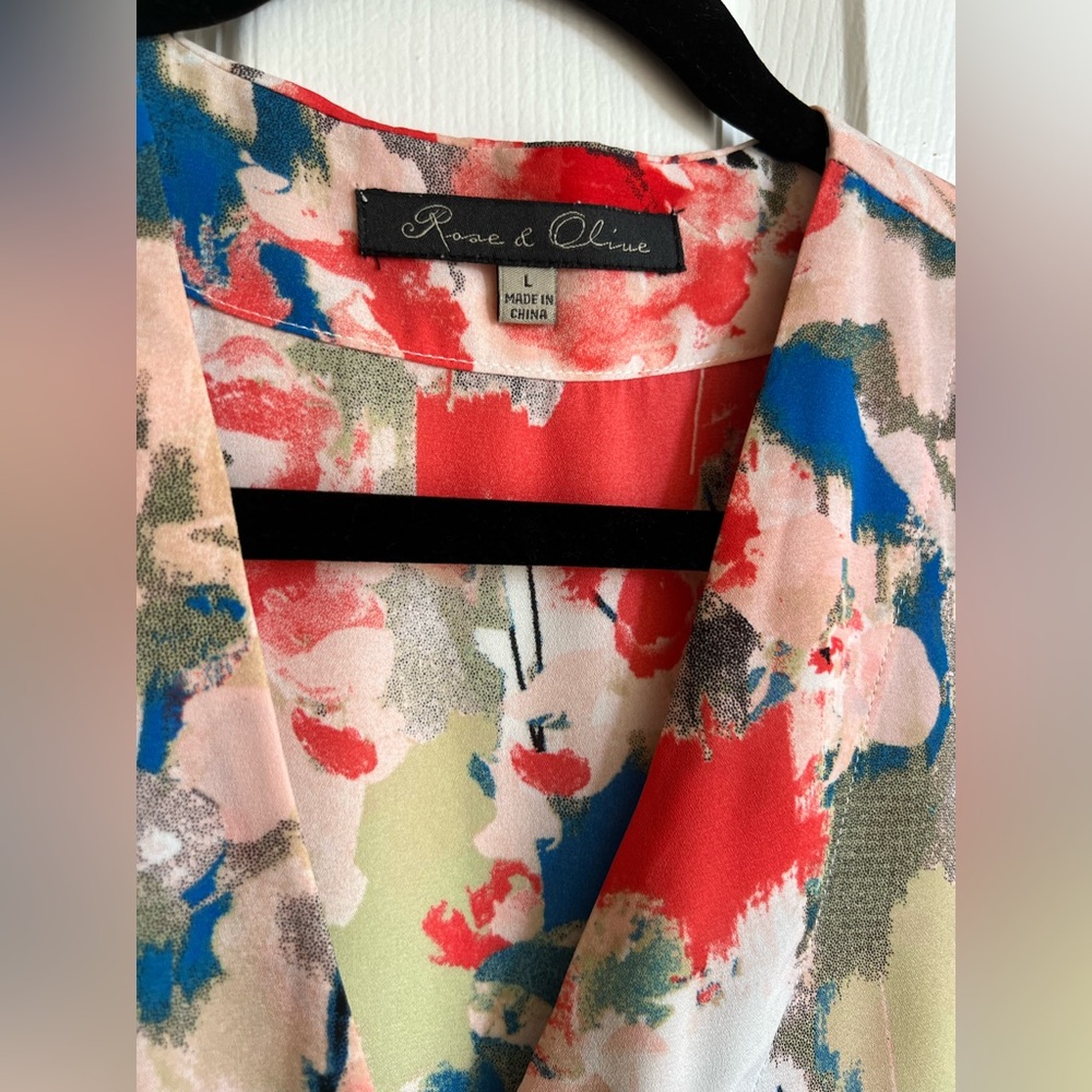 Rose & Olive Floral V-Neck Button Front Blouse in Red, Blue, Green, Pink - Picture 3 of 8
